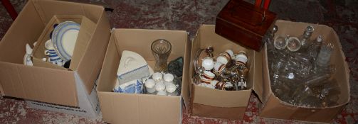 A quantity of decorative items to include glassware, ceramics, wooden work box etc (4 boxes). Best