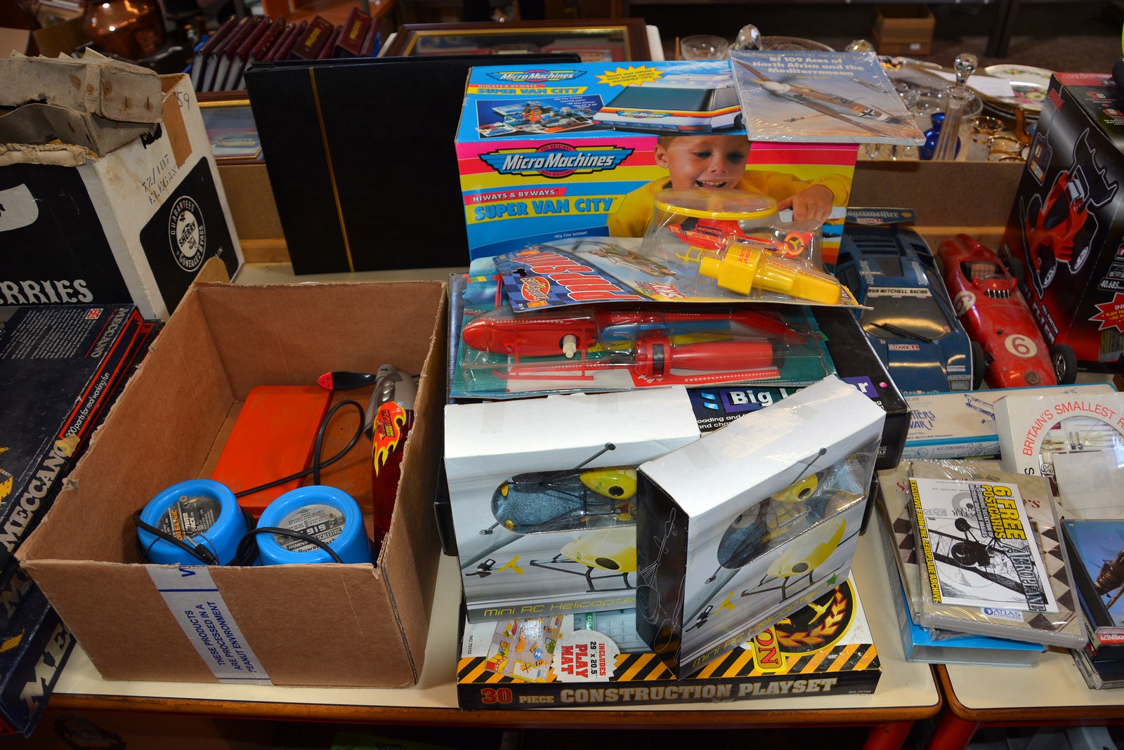 A quantity of die cast cars, boxed radio controlled car, Mini RC Helicopters, a hover craft etc. (as - Image 3 of 3