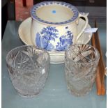 A Staffordshire blue and white chamber pot, a white basin and two glass vases