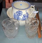 A Staffordshire blue and white chamber pot, a white basin and two glass vases