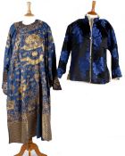 A Chinese blue silk robe embroidered with dragons, in gold metallic thread with gilt metal button