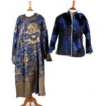 A Chinese blue silk robe embroidered with dragons, in gold metallic thread with gilt metal button