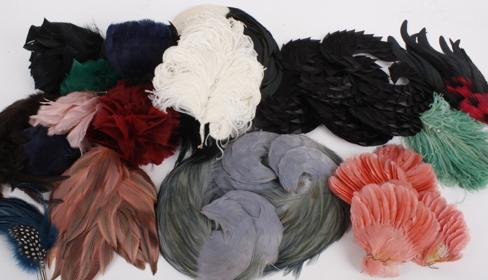 A collection of feathers and feather trimmings, suitable for millinery use, (qty).