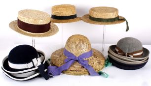 A collection of twenty children's hats, including: Ridgmont navy blue felt school hats, straw