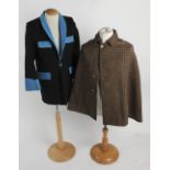 A gentleman's tweed cape; together with a 1950s black wool drape jacket with blue velvet detail; a