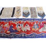 A mixed lot of Oriental textiles and robe pieces, including: embroidered sleeve bands, edgings,