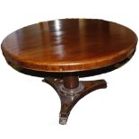 A Victorian mahogany loo table, the tilt top raised on a column with a triform base, used for shop