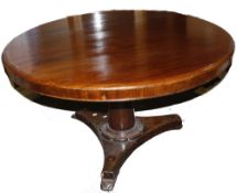 A Victorian mahogany loo table, the tilt top raised on a column with a triform base, used for shop