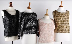 A collection of vintage evening tops, comprising: a late 1950s black bead top; a gold bead and