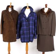 A 1960s Welsh Wool blue and purple coat; a matching brown skirt and jacket with a fur collar; a