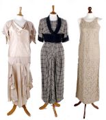 A 1930s sheer black full length dress; a coffee coloured lace cocktail dress; a pale satin and