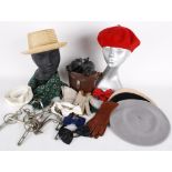 A quantity of mixed vintage accessories, including: bow ties, collars, ties, a scarf, hats, a pair