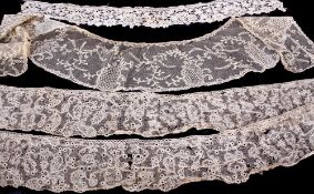 A length of 18th century needle lace; together with two flounces; a collar; and one other length