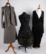 A 1980s Zandra Rhodes black crepe party dress; a Lerose gold Lurex knitted suit; a black chiffon