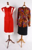A collection of ladies two-piece outfits, skirts and blouses, including: an Italian designer red and