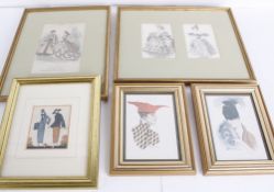 A collection of framed fashion prints, including: a framed millinery sketch by W.H. Dowd, 1934,