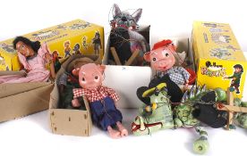 A collection of Pelham puppets, many in boxes, dating from the 1950s and 1960s, including: Pinky and