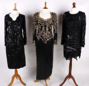 An Oleg Cassini black bead and sequin gown; a Frank Usher black bead and sequin cocktail dress;