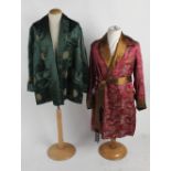 A green satin smoking jacket; together with a vintage dressing gown; a pink and gold satin smoking