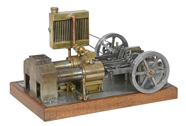 A model of a Bremen twin cylinder hot air engine, built by the late Mr Brian Marshall of Chichester,