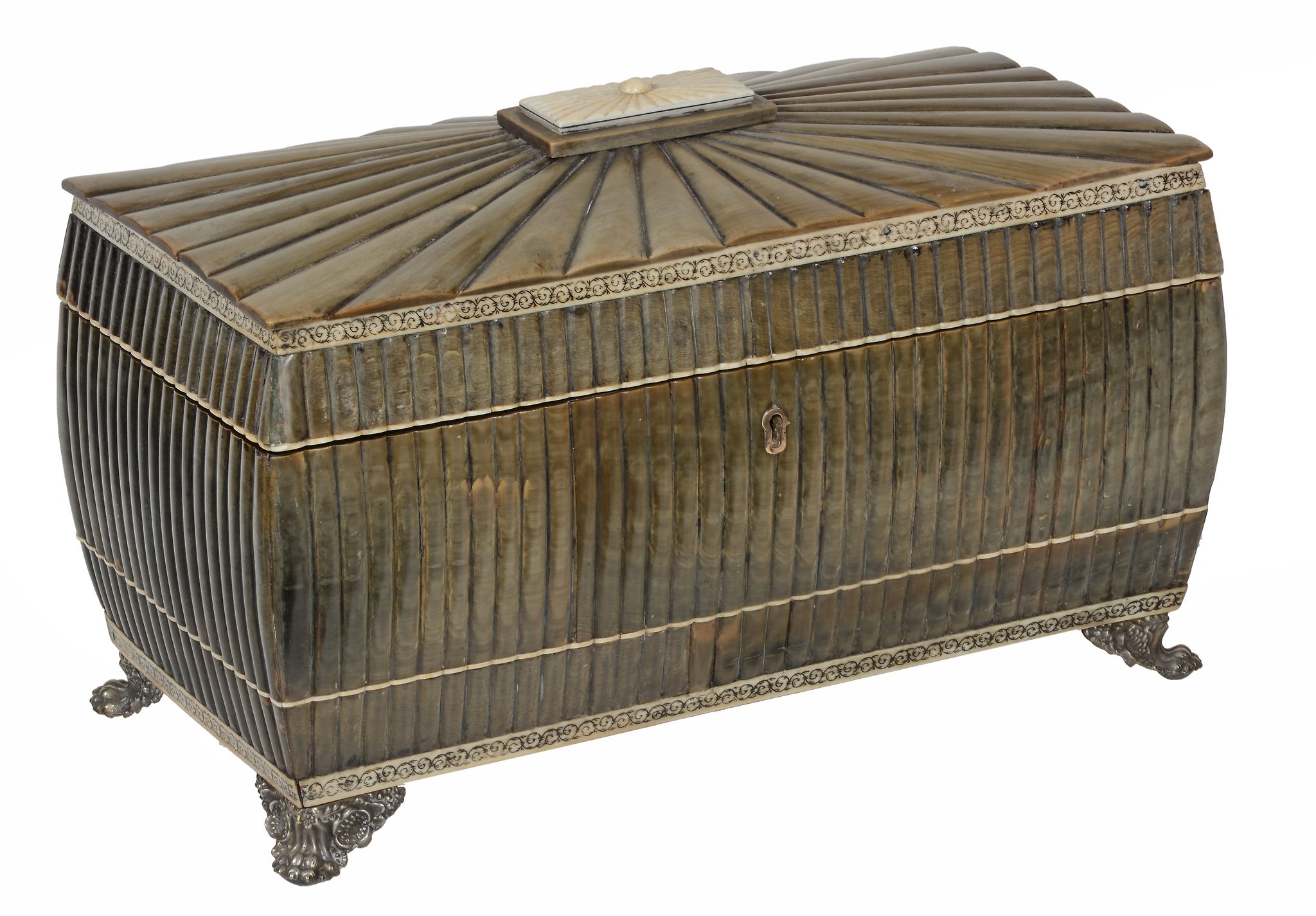 An Anglo Indian Buffalo horn tea caddy, circa 1825, of ribbed sarcophagus form  An Anglo Indian