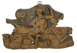 A relief carved, painted and parcel gilt wood trade sign, probably Italian  A relief carved, painted