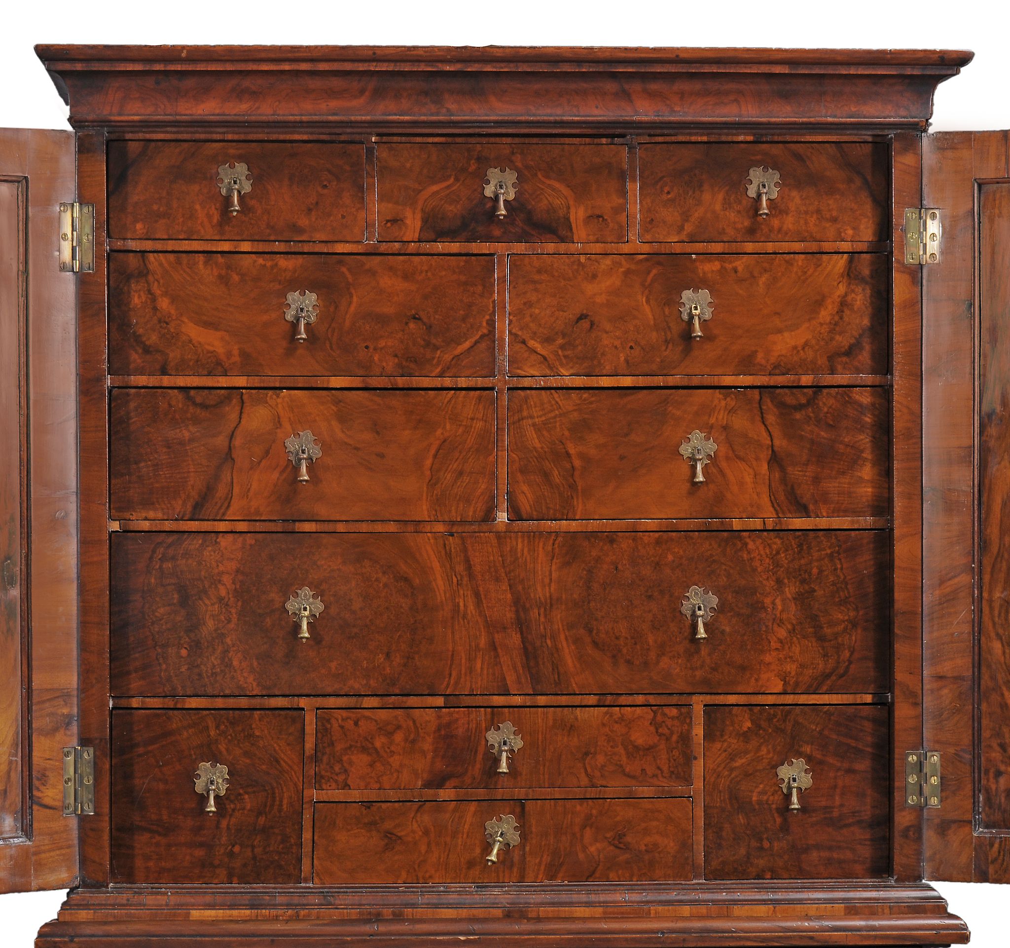 A George II burr walnut and featherbanded secretaire cabinet on chest  A George II burr walnut and - Image 2 of 3