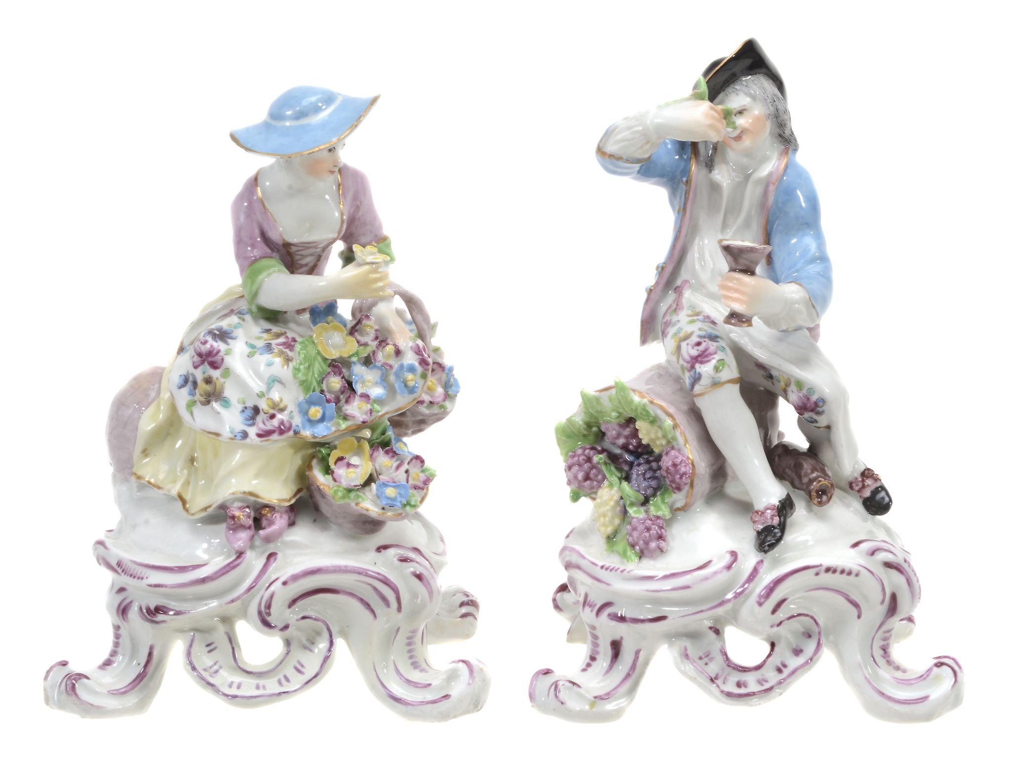 A pair of Bow porcelain figures of Spring and Autumn  A pair of Bow porcelain figures of Spring