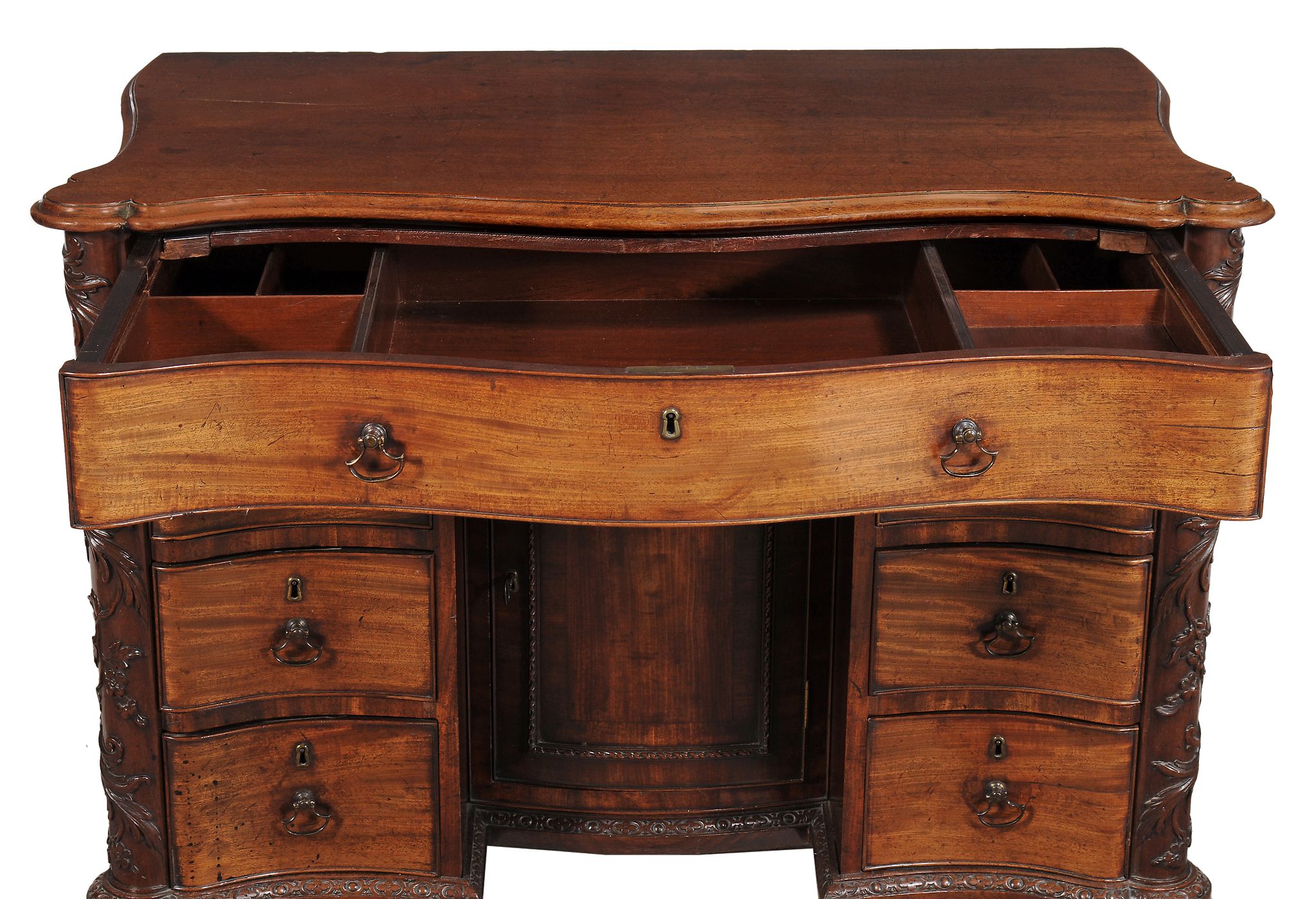 A George III mahogany serpentine kneehole desk, circa 1760  A George III mahogany serpentine - Image 6 of 8