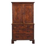 A George II burr walnut and featherbanded secretaire cabinet on chest  A George II burr walnut and