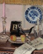 Suzanne Lalique (1892-1989) - A still life of silverware, with a copy of The Herald Tribune, and a