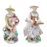 A pair of Bow porcelain figures of Columbine and Harlequin, circa 1760  A pair of Bow porcelain