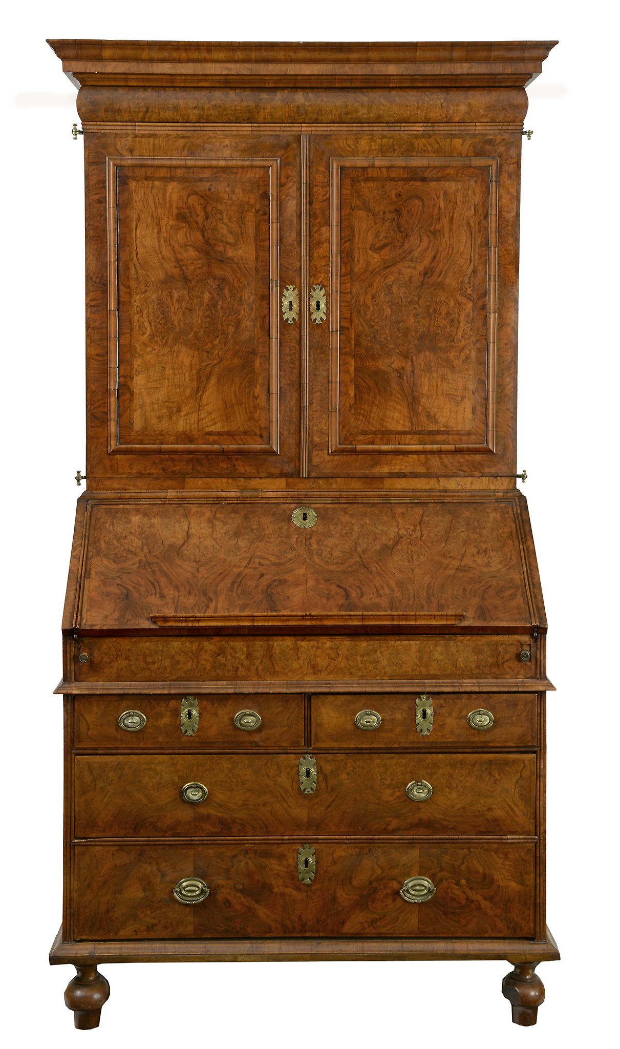 A George I walnut bureau bookcase, circa 1720, moulded cornice  A George I walnut bureau bookcase,