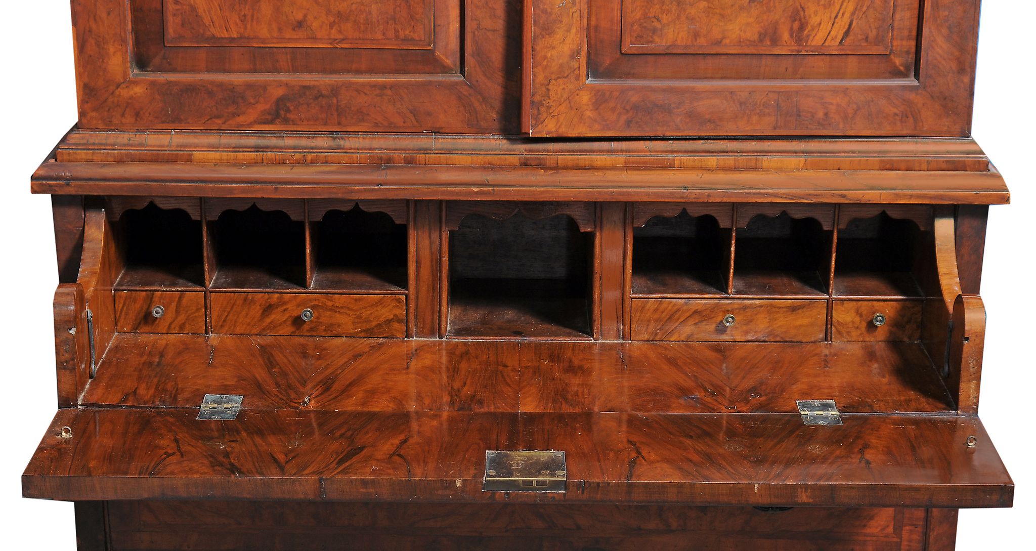 A George II burr walnut and featherbanded secretaire cabinet on chest  A George II burr walnut and - Image 3 of 3