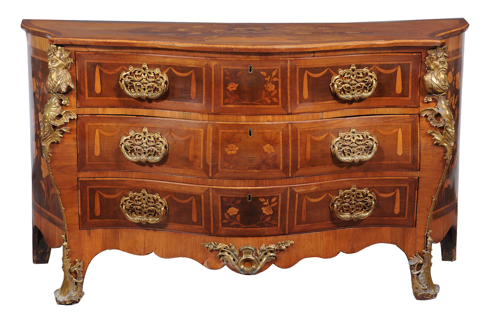 A George III harewood, mahogany, and marquetry serpentine commode , circa 1770 A George III