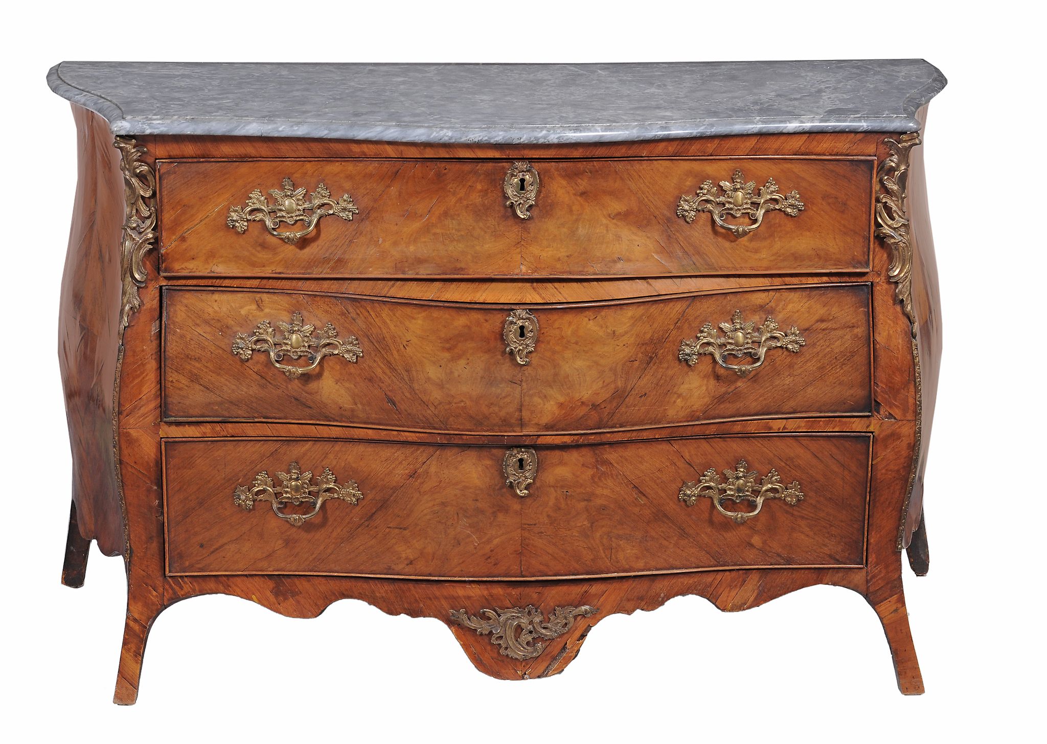 A Dutch walnut and marble mounted serpentine commode, circa 1770  A Dutch walnut and marble