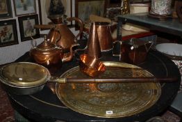 A collection of copper items to include a copper kettle, warming pan, circular tray (qty)