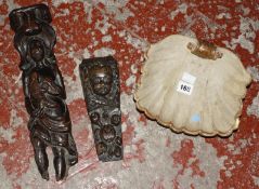 An 18th Century carved oak capital, a carved stile and a wooden shell dish -3