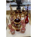 A 20th Century Venetian style ruby glass and gilt jug, a similar decanter and various glassware -23