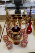 A 20th Century Venetian style ruby glass and gilt jug, a similar decanter and various glassware -23