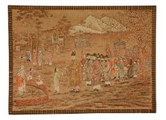 A Chinese silk embroidered picture, of a procession of figures in a landscape with men building in