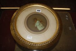 A gilt framed circular picture, depicting an angel playing a pochette, 12cm in diameter