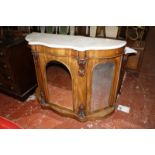 A Victorian walnut credenza with marble top and three mirror door cupboards below 121cm wide