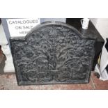 A 19th Century cast iron fireback with the Royal Oak Tree of King Charles initialled CR.85cm x 72cm