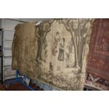 A pair of hanging tapestries each depicting Classical scenes 254cm high, 117cm wide