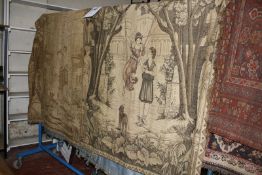 A pair of hanging tapestries each depicting Classical scenes 254cm high, 117cm wide