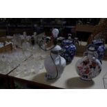 A quantity of assorted glassware, Chinese blue and white ginger jar on wooden stand, another (AF),