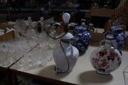 A quantity of assorted glassware, Chinese blue and white ginger jar on wooden stand, another (AF),