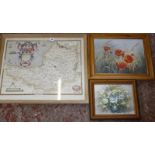 After M. Dipnall (20th Century) Poppies Colour print 25.5cm x 35cm; A Saxton's map of Somerset and