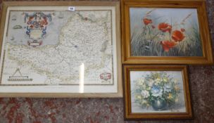 After M. Dipnall (20th Century) Poppies Colour print 25.5cm x 35cm; A Saxton's map of Somerset and